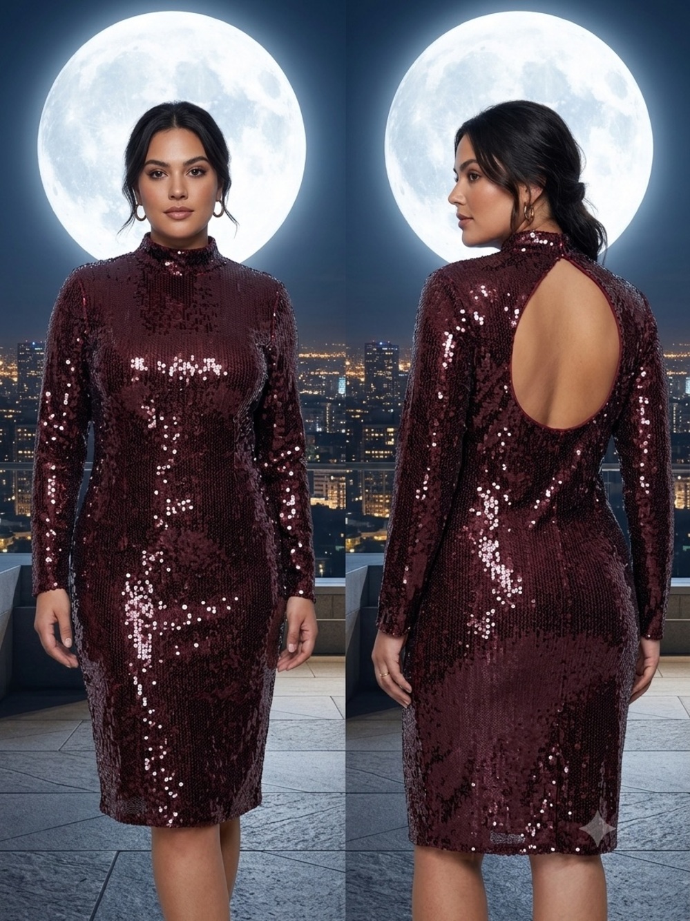 Express Burgundy Sequin Midi Dress with Open Back